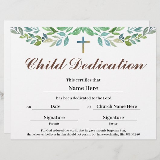 Greenery leaf Child Dedication Certificate (Voorkant / Achterkant)