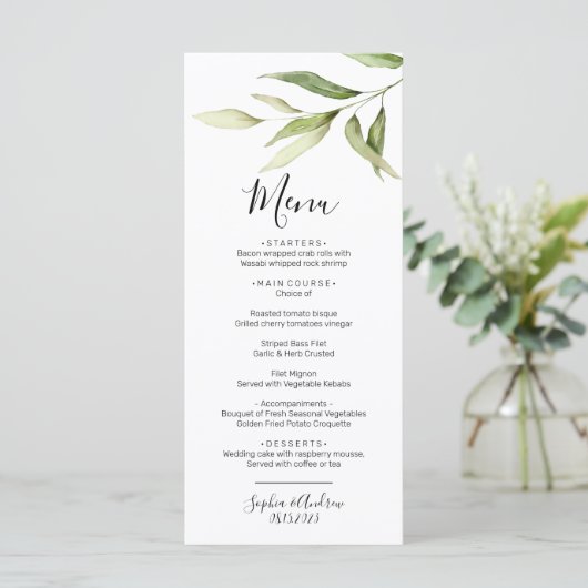 Greenery Leaf Floral Minimal Wedding Menu (Staand voorkant)