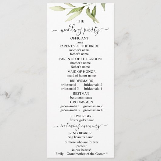 Greenery Leaf Floral Minimal Wedding Programs Programmakaart (Achterkant)