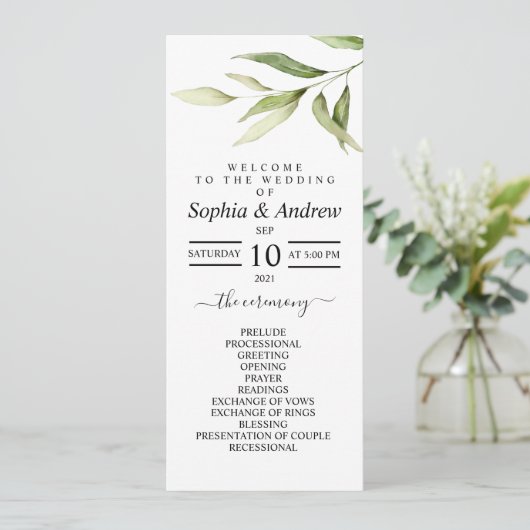 Greenery Leaf Floral Minimal Wedding Programs Programmakaart (Staand voorkant)