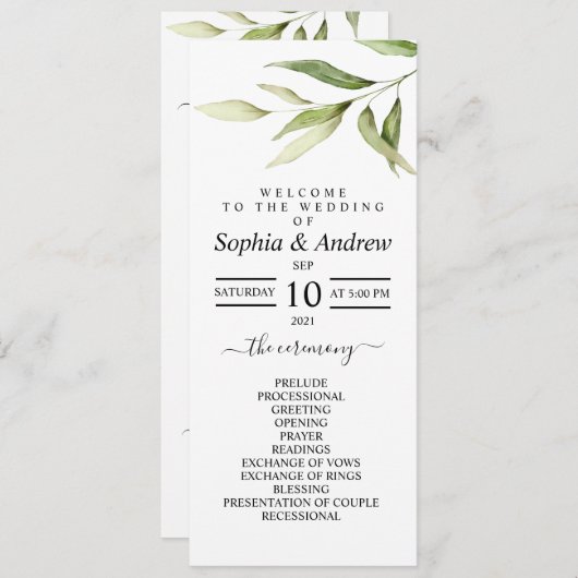 Greenery Leaf Floral Minimal Wedding Programs Programmakaart (Voorkant / Achterkant)