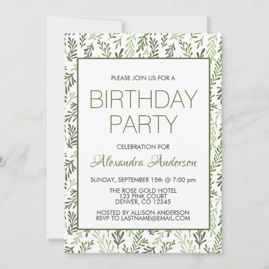 Greenery Leaf Pattern Elegant Verjaardagsfeest Kaart (Voorkant)