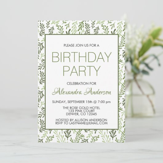 Greenery Leaf Pattern Elegant Verjaardagsfeest Kaart (Staand voorkant)