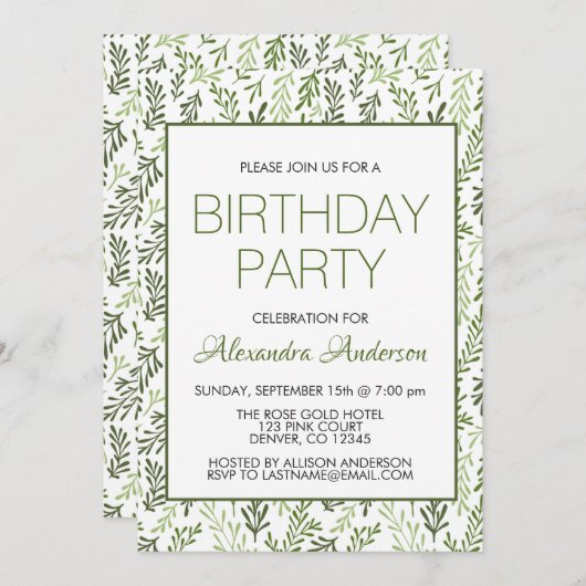 Greenery Leaf Pattern Elegant Verjaardagsfeest Kaart (Voorkant / Achterkant)