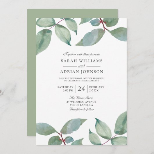Greenery Leaf Summer Spring Wedding Invitation Kaart (Voorkant / Achterkant)