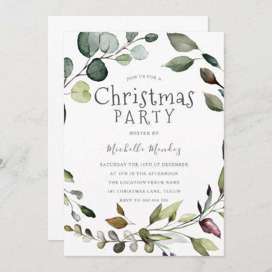 Greenery Leaf Wreath Waterverf Kerstfeest Kaart (Voorkant / Achterkant)