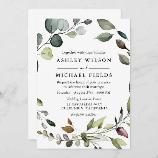 Greenery Leaf Wreath Waterverf Modern Wedding Kaart (Voorkant / Achterkant)