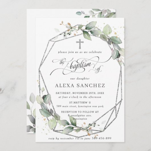 Greenery Leafy Foliage Baptism Silver Geometric Kaart (Voorkant / Achterkant)