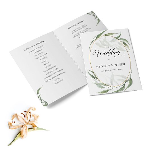 Greenery Leaves Calligraphy Wedding Folded Program Programma