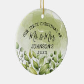 Greenery Leaves First Kerstmis als Mr en Mrs. Keramisch Ornament (Rechts)