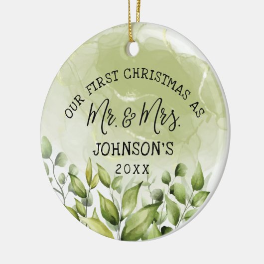 Greenery Leaves First Kerstmis als Mr en Mrs. Keramisch Ornament (Links)