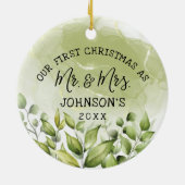 Greenery Leaves First Kerstmis als Mr en Mrs. Keramisch Ornament (Achterkant)