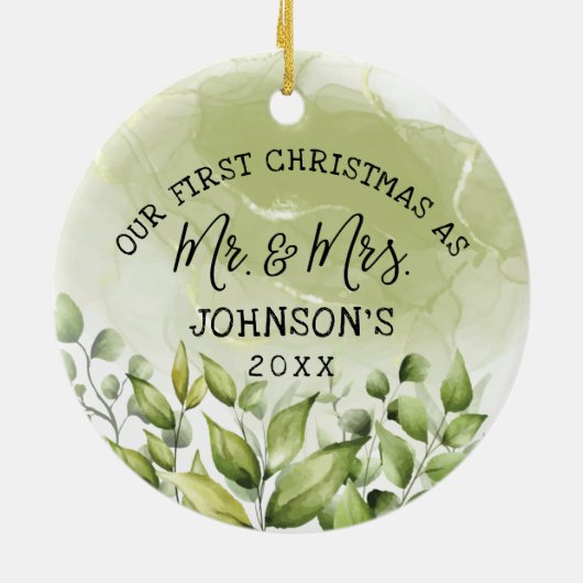 Greenery Leaves First Kerstmis als Mr en Mrs. Keramisch Ornament (Achterkant)
