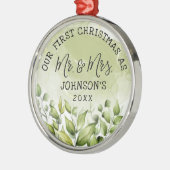 Greenery Leaves First Kerstmis als Mr en Mrs. Metalen Ornament (Links)