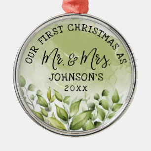 Greenery Leaves First Kerstmis als Mr en Mrs. Metalen Ornament