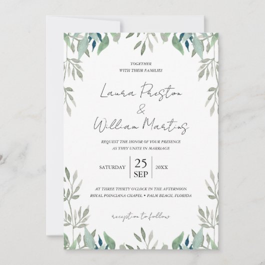 Greenery Leaves Frame QR Code RSVP Wedding Kaart (Voorkant)