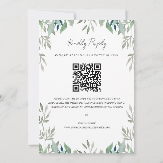 Greenery Leaves Frame QR Code RSVP Wedding Kaart (Achterkant)