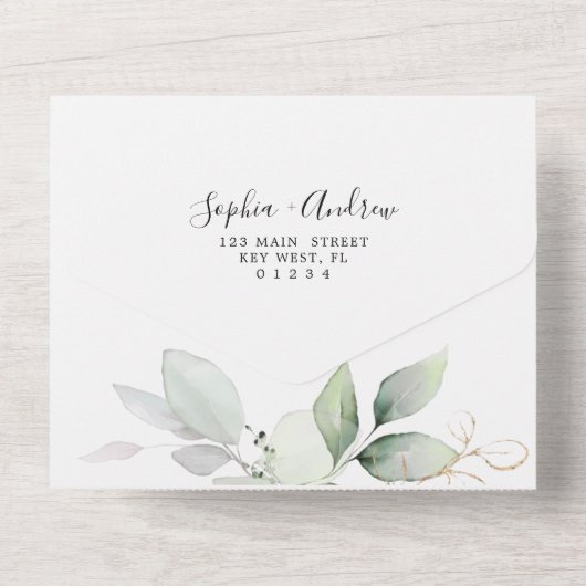 Greenery Leaves & Gold All in One Wedding Invite All In One Uitnodiging (Achterkant)