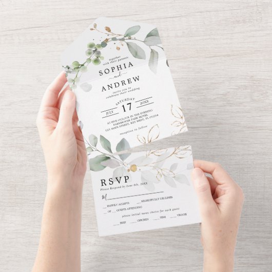 Greenery Leaves & Gold All in One Wedding Invite Uitnodiging (Afscheurbaar)