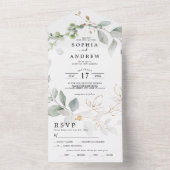 Greenery Leaves & Gold All in One Wedding Invite Uitnodiging (Binnen)