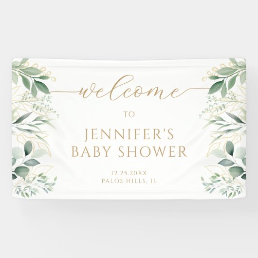 Greenery Leaves Gold Baby shower Welkom Banner (Horizontaal)