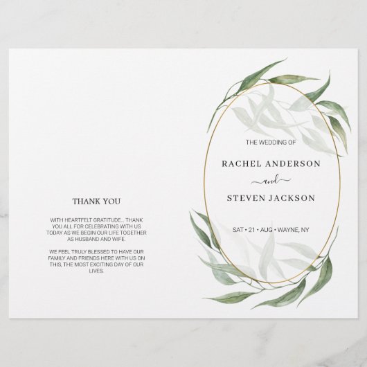 Greenery Leaves Gold Lijst Wedding Folded Program (Voorkant)