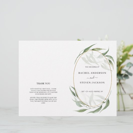 Greenery Leaves Gold Lijst Wedding Folded Program (Staand voorkant)