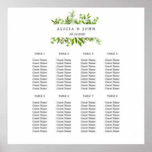 Greenery Leaves Minimal Wedding Seating Chart Poster (Voorkant)