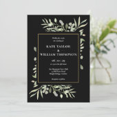 Greenery Leaves Photo Black Wedding Invitation Kaart (Staand voorkant)