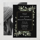 Greenery Leaves Photo Black Wedding Invitation Kaart (Voorkant / Achterkant)