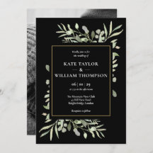 Greenery Leaves Photo Black Wedding Invitation