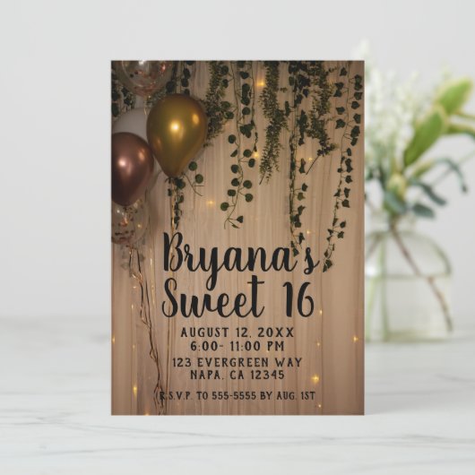 Greenery Leaves Roos Gold Lights Rustic Sweet 16 Kaart (Staand voorkant)