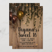 Greenery Leaves Roos Gold Lights Rustic Sweet 16 Kaart (Voorkant / Achterkant)