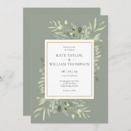 Greenery Leaves Sage Green Gold Wedding Kaart