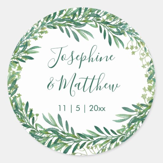 Greenery Leaves Waterverf Wedding Ronde Sticker (Voorkant)