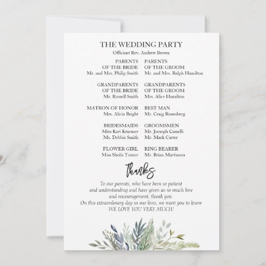 Greenery Leaves Wedding Ceremony Program Kaart (Achterkant)