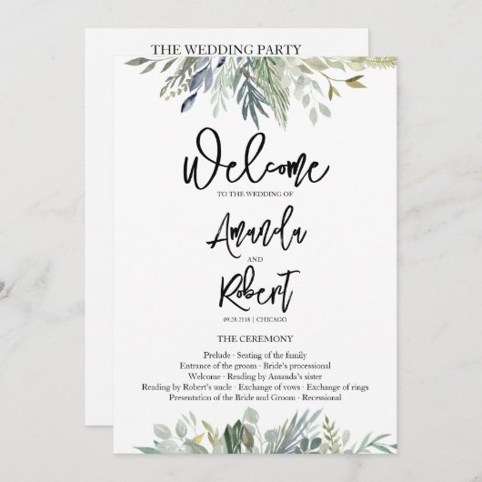 Greenery Leaves Wedding Ceremony Program Kaart (Voorkant / Achterkant)