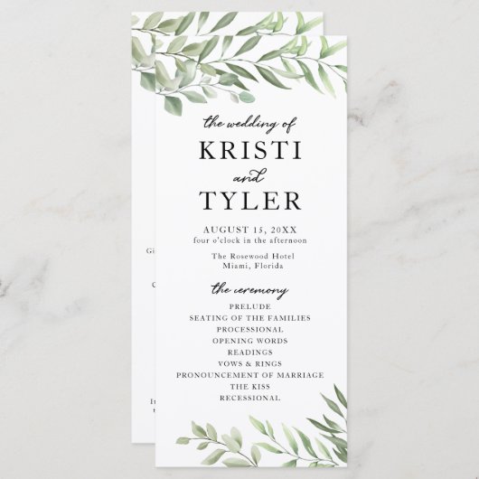 Greenery Leaves Wedding Program Programmakaart (Voorkant / Achterkant)