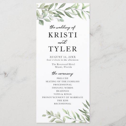 Greenery Leaves Wedding Program Programmakaart (Voorkant)