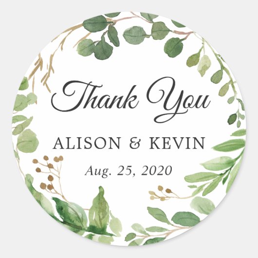 Greenery Leaves Wreath Wedding Favor Dank je Ronde Sticker (Voorkant)