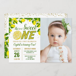Greenery Lemon Sweet One First Birthday Foto Invi Kaart