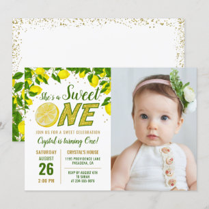 Greenery Lemon Sweet One First Birthday Foto Invi Kaart