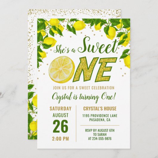 Greenery Lemon Sweet One First Birthday Invitation Kaart (Voorkant / Achterkant)