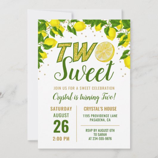 Greenery Lemon Two Sweet First Birthday Invitation Kaart (Voorkant)