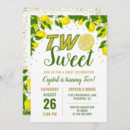 Greenery Lemon Two Sweet First Birthday Invitation Kaart (Voorkant / Achterkant)