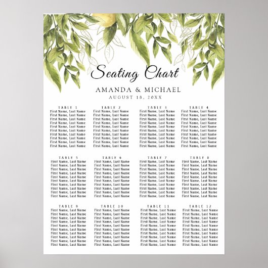 Greenery Lemons Rustic Wedding Seating Charts Poster (Voorkant)