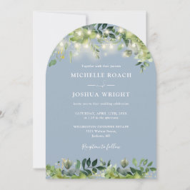 Greenery Lights Arch Dusty Blue QR Code Wedding Kaart