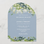 Greenery Lights Arch Dusty Blue QR Code Wedding Kaart (Voorkant / Achterkant)