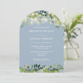 Greenery Lights Arch Dusty Blue QR Code Wedding Kaart (Staand voorkant)