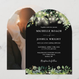 Greenery Lights Arch Zwart-wit Fotobruiloft Kaart